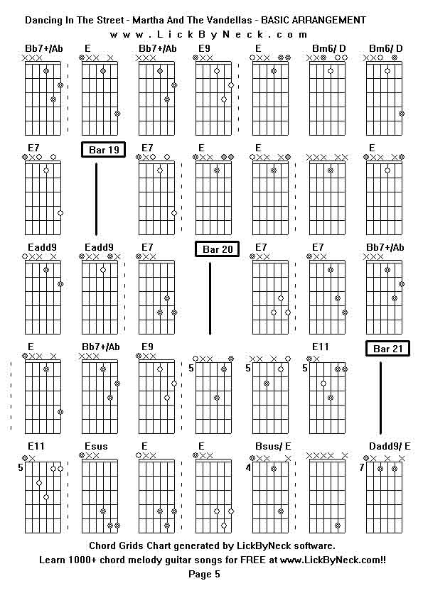 Chord Grids Chart of chord melody fingerstyle guitar song-Dancing In The Street - Martha And The Vandellas - BASIC ARRANGEMENT,generated by LickByNeck software.